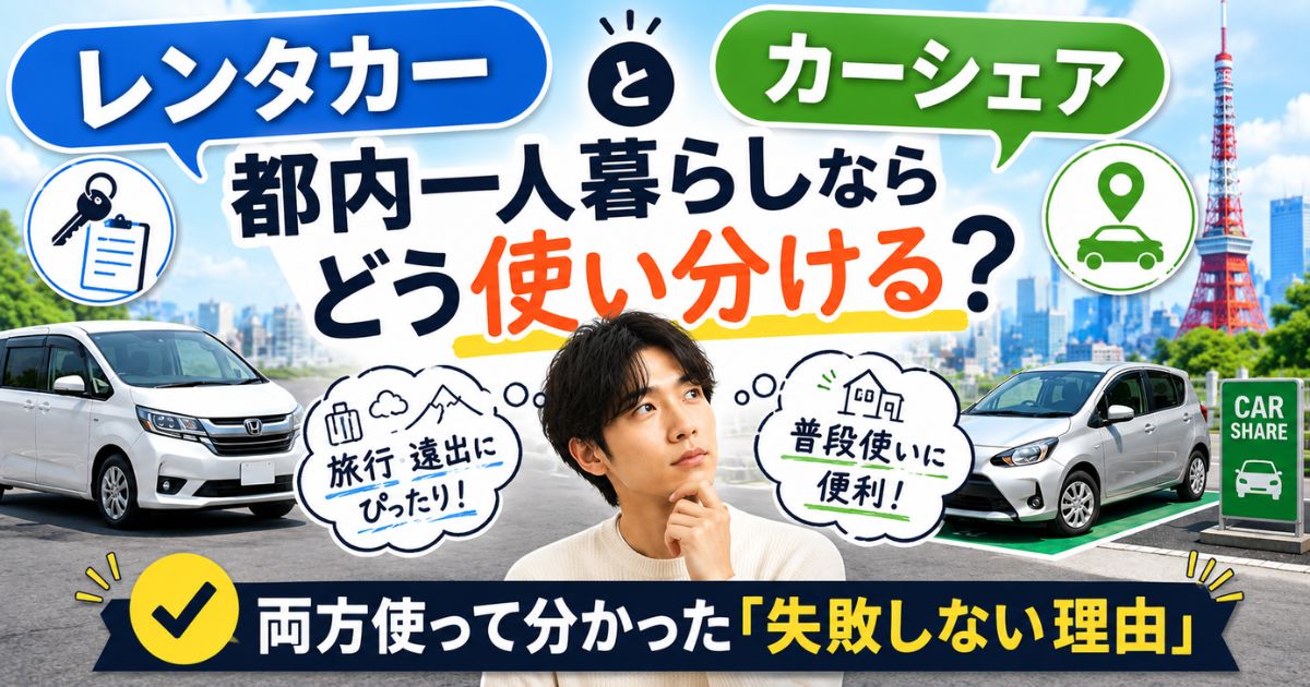 レンタカーとカーシェアの使い分けを比較するイメージ