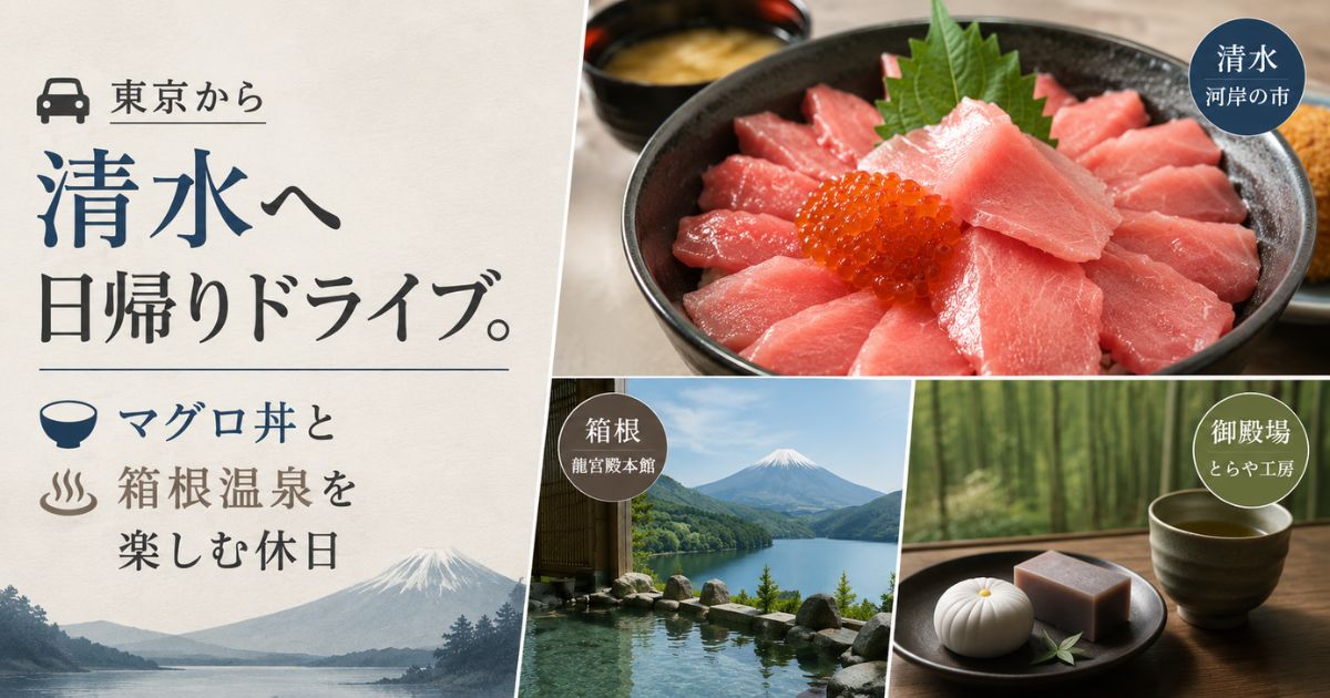 東京から清水へ日帰りドライブでマグロ丼と箱根温泉を楽しむイメージ