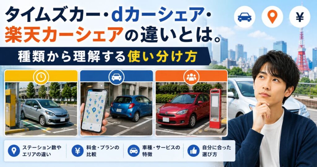 タイムズカー・dカーシェア・楽天カーシェアの違いを比較するイメージ