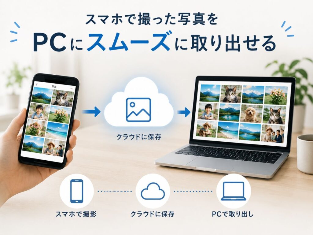 Amazon Photosを使ってスマホの写真をPCへ取り出すイメージ