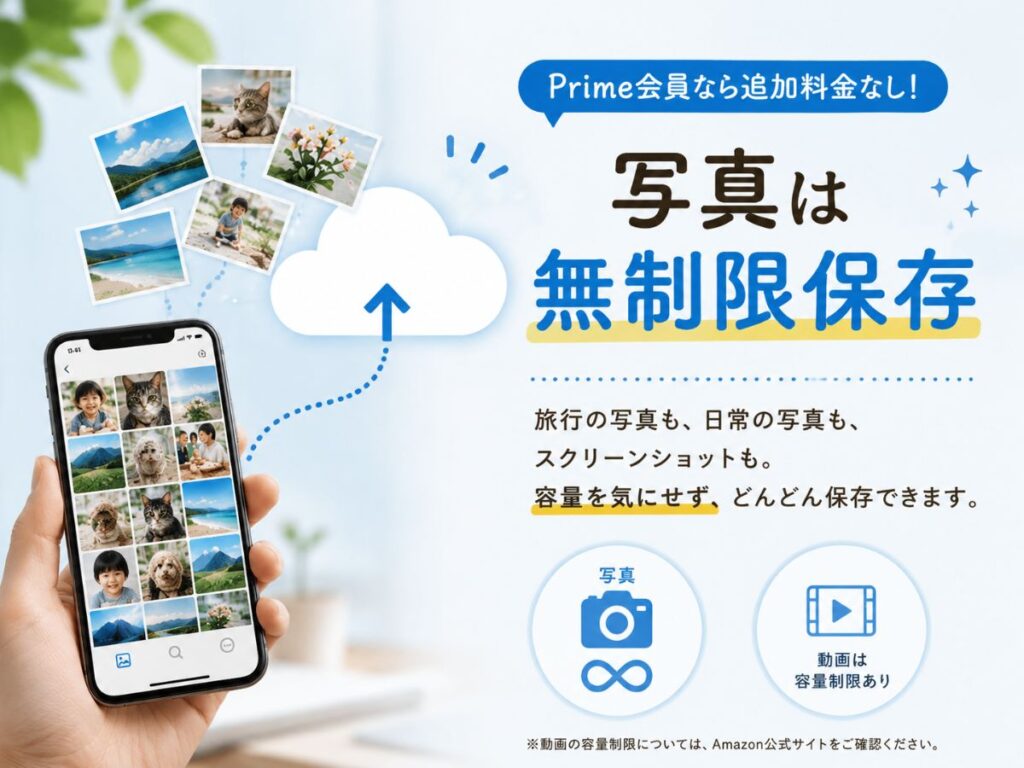 Prime会員ならAmazon Photosで写真を無制限保存できるイメージ