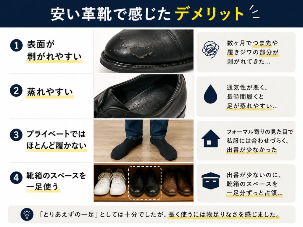 安い革靴を履いて感じたデメリットをまとめた画像