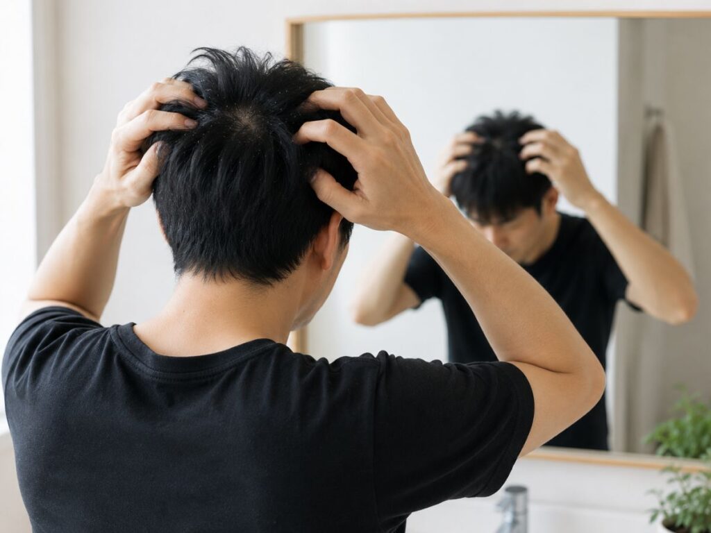 鏡を見ながら頭皮やフケの状態を確認している様子