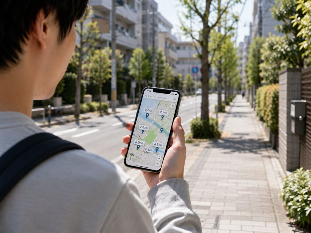 住宅街を歩きながら周辺環境を確認している様子