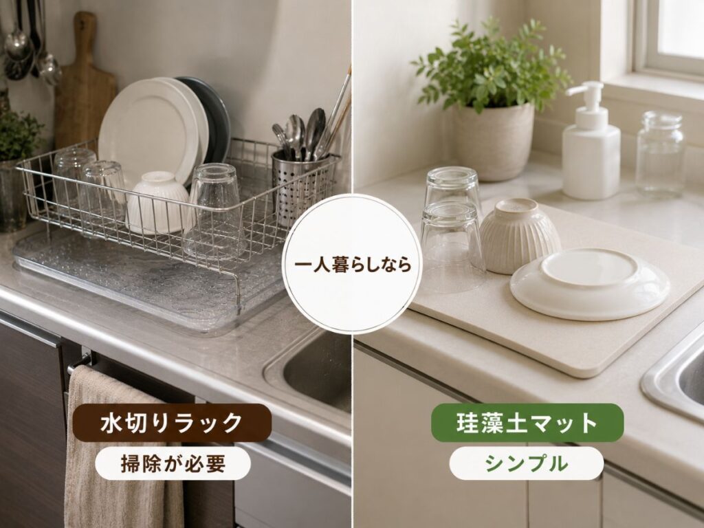 水切りラックと珪藻土マットを比較したイメージ