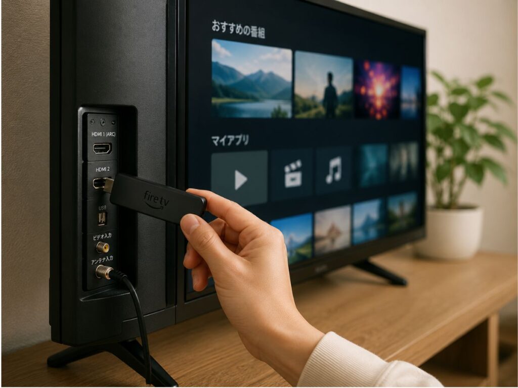 Fire TV Stickを山善Qriomテレビに接続して動画配信サービスを利用するイメージ