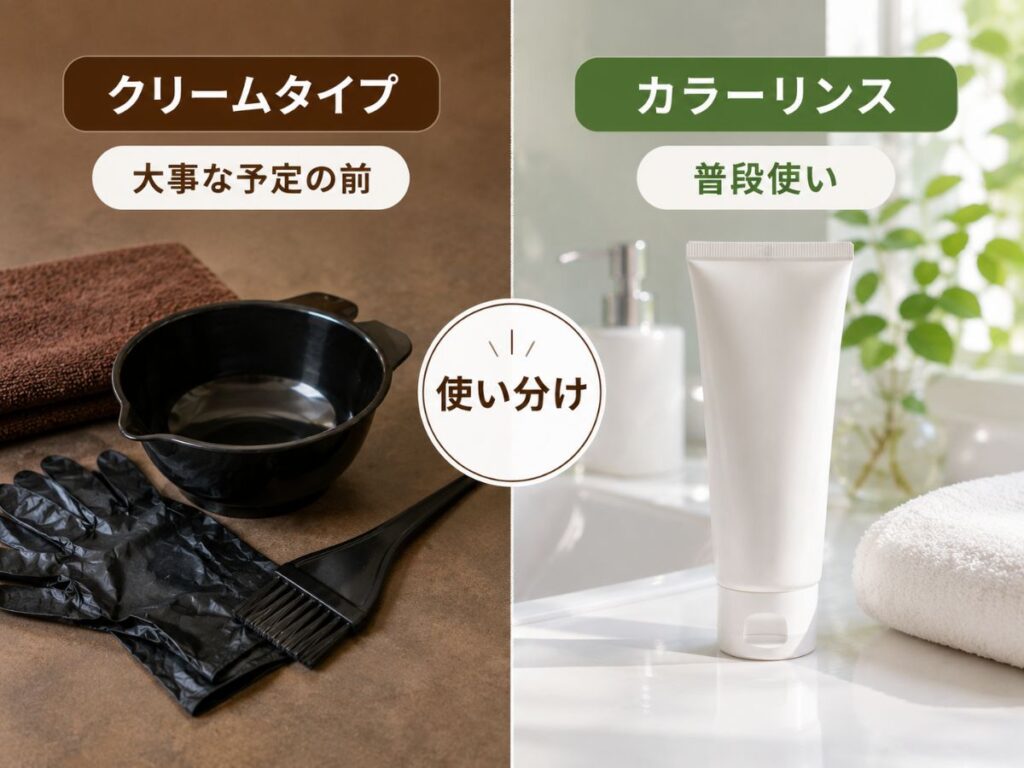 白髪染めのクリームタイプとカラーリンスの使い分けを比較したイメージ