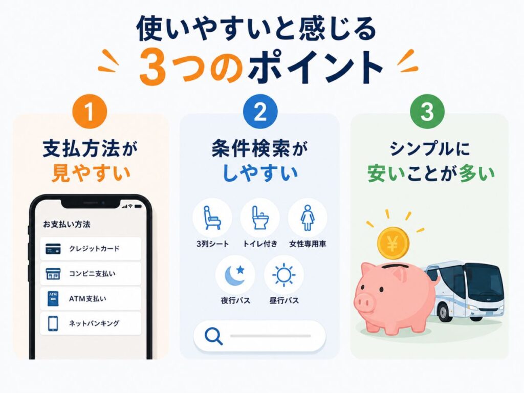 高速バスドットコムの使いやすいポイントを紹介する画像
