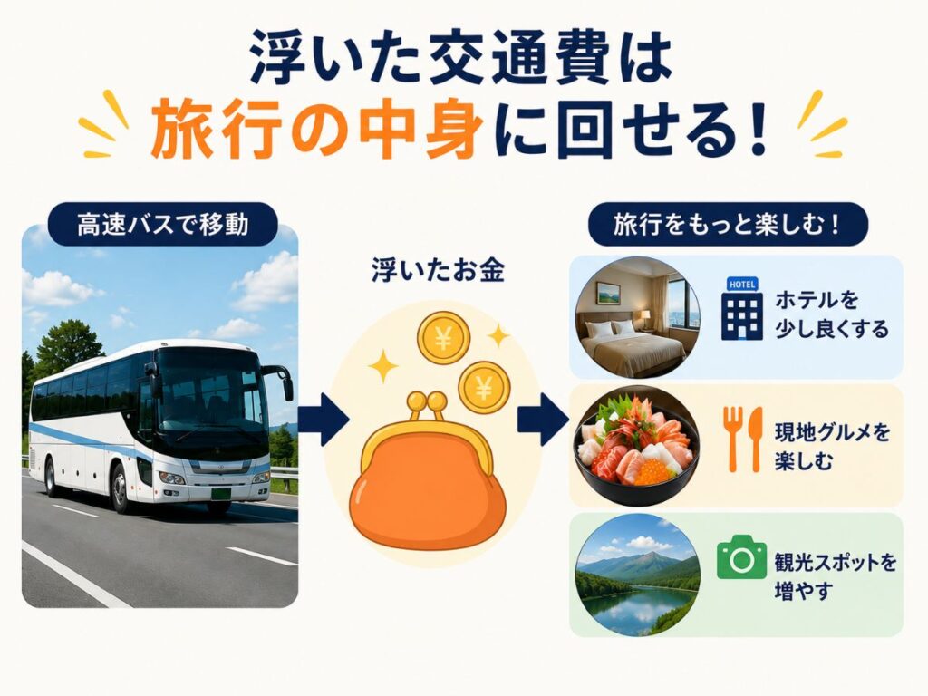 高速バスで節約した交通費をホテルやグルメに回せることを説明する画像