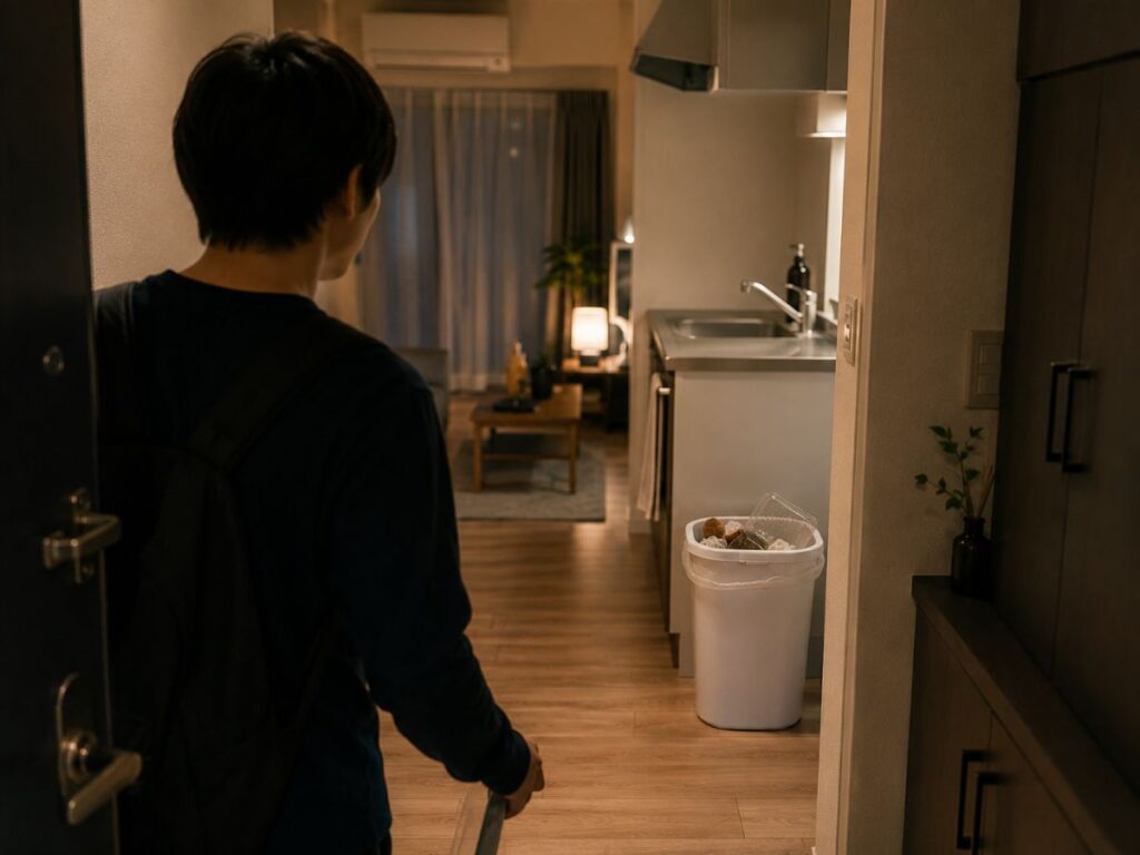 一人暮らしの部屋でキッチン近くのゴミ箱が気になる様子