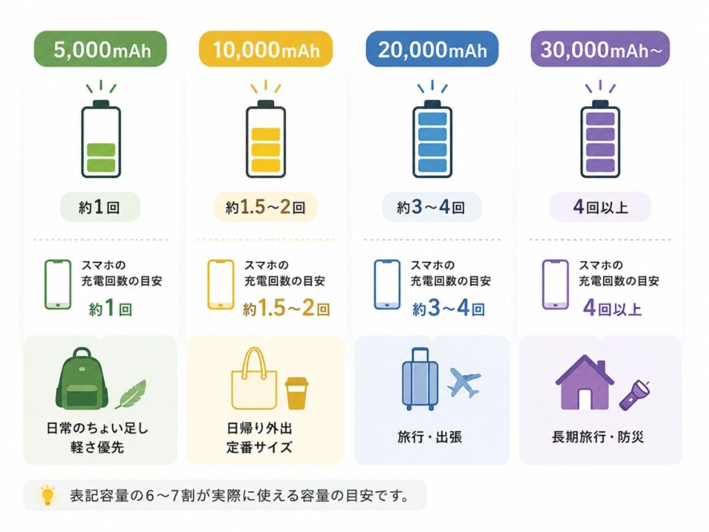 モバイルバッテリーの容量ごとの充電回数と用途の目安