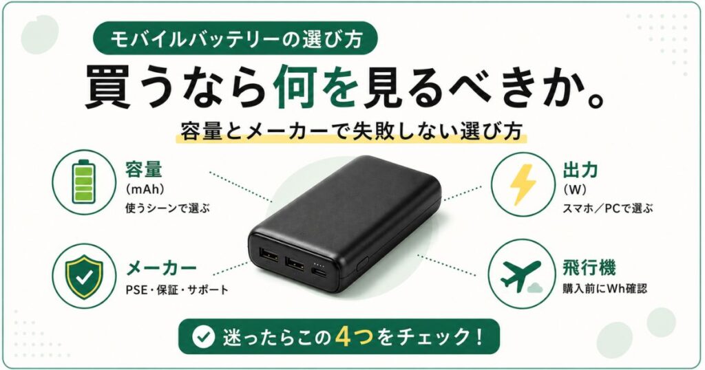 モバイルバッテリーを選ぶときに確認したい容量・出力・メーカー・飛行機利用時のポイント