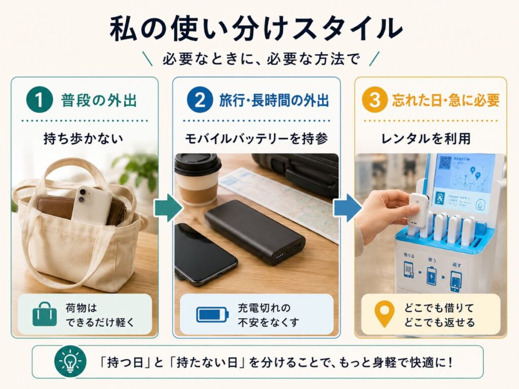 モバイルバッテリーを持つ日とレンタルを利用する日の使い分けをまとめたイメージ