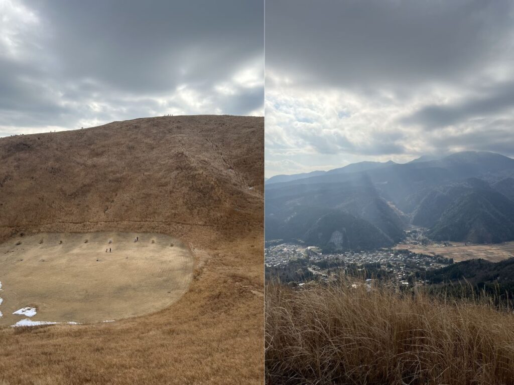 大室山の山頂から見た景色と火口跡。伊豆観光で人気の絶景スポット