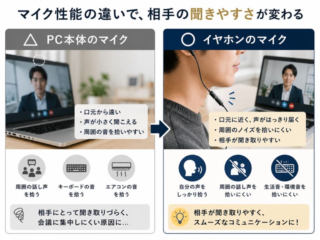 PC本体マイクとイヤホンマイクの聞こえ方の違いを比較したイメージ