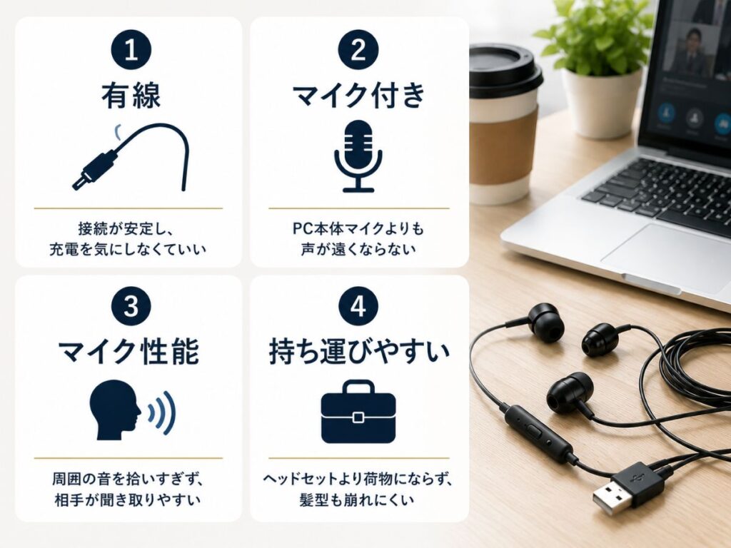 オンライン会議用イヤホンを選ぶときに重視した4つのポイント