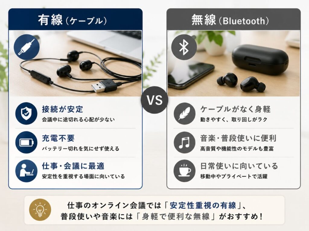 オンライン会議用イヤホンの有線と無線の違いを比較したイメージ