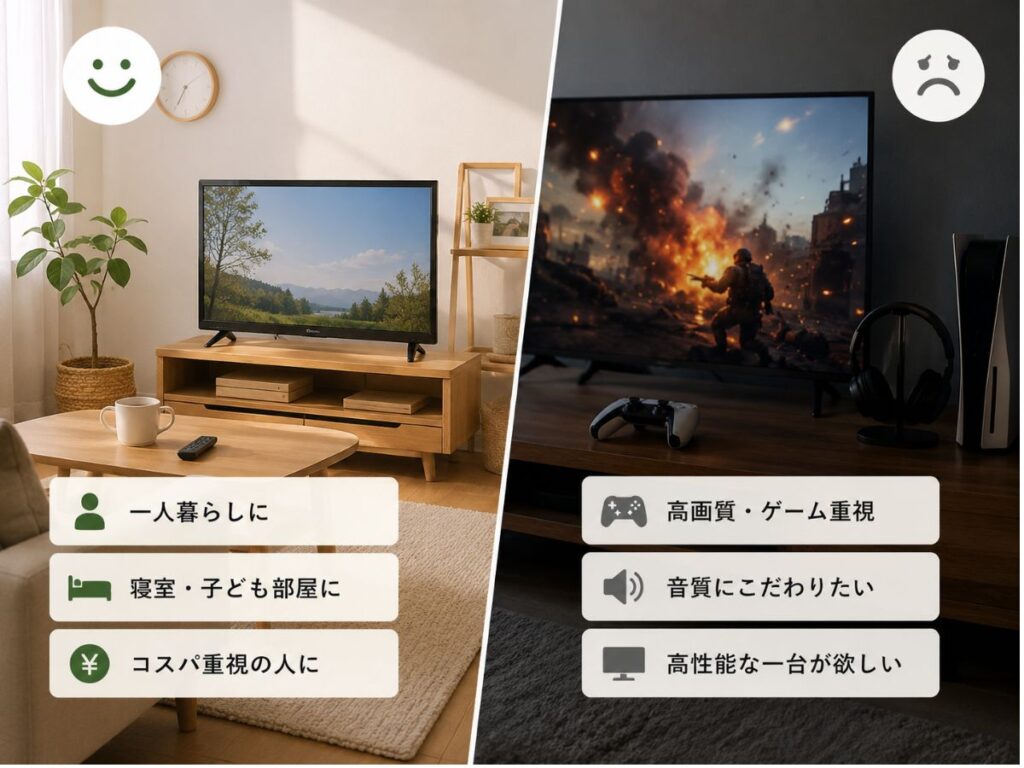 山善Qriomテレビが向いている人と向かない人を比較したイメージ