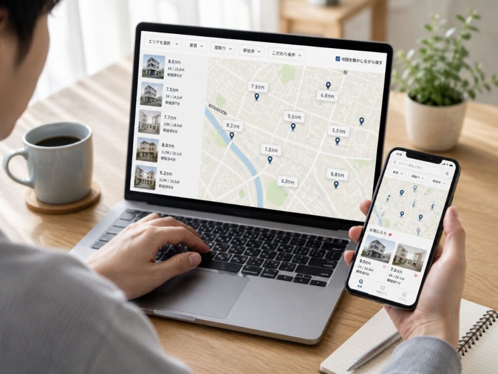 パソコンとスマートフォンで地図を見ながら賃貸物件を探す様子
