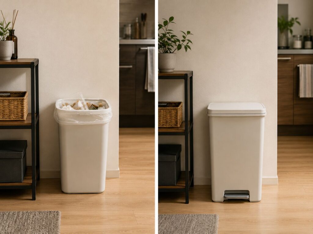 蓋なしゴミ箱と蓋付きゴミ箱の見た目を比較したイメージ