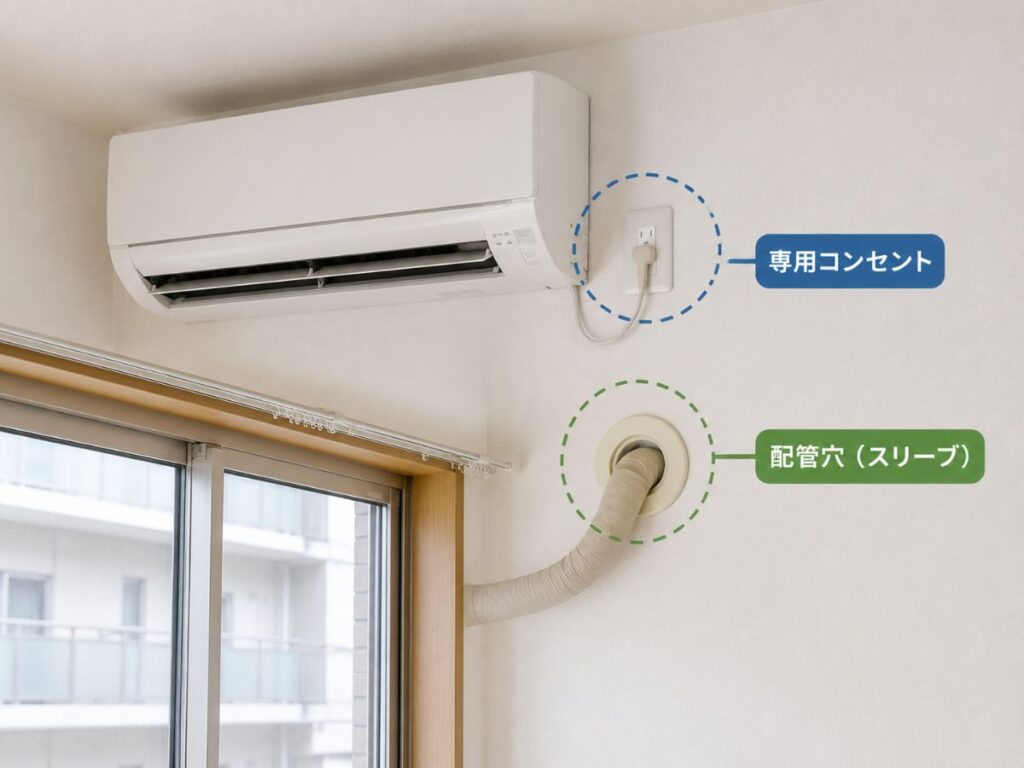 エアコン設置前に確認したい専用コンセントと配管穴(スリーブ)