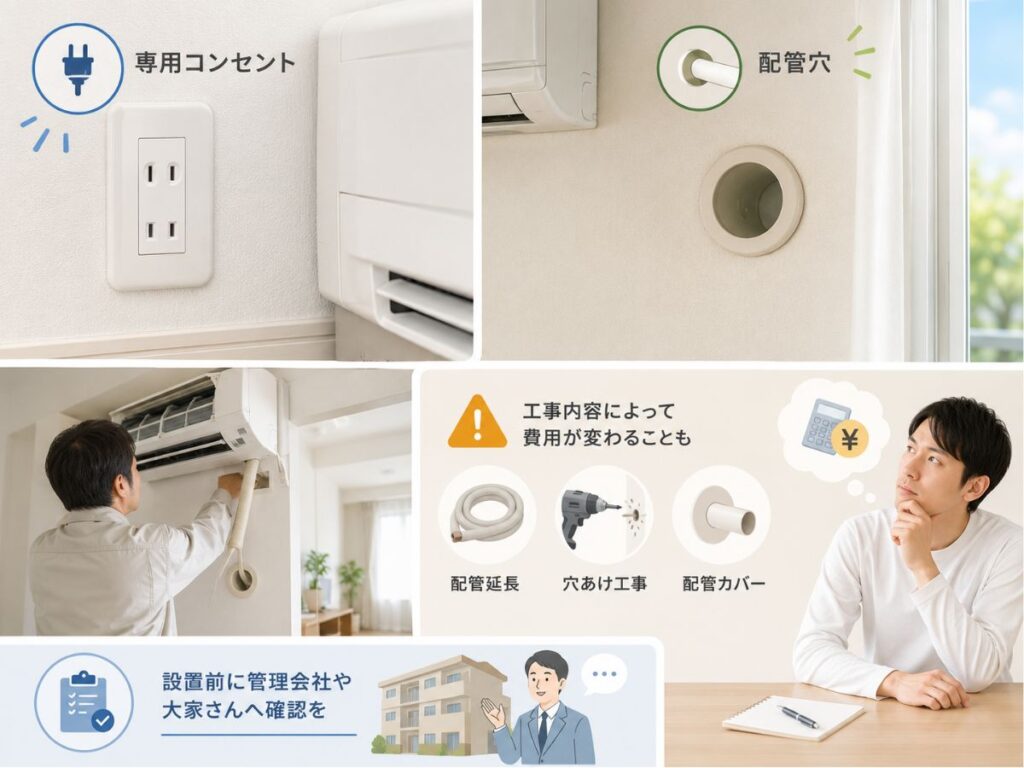 賃貸でエアコン増設前に確認したい専用コンセントや配管穴、工事内容のイメージ