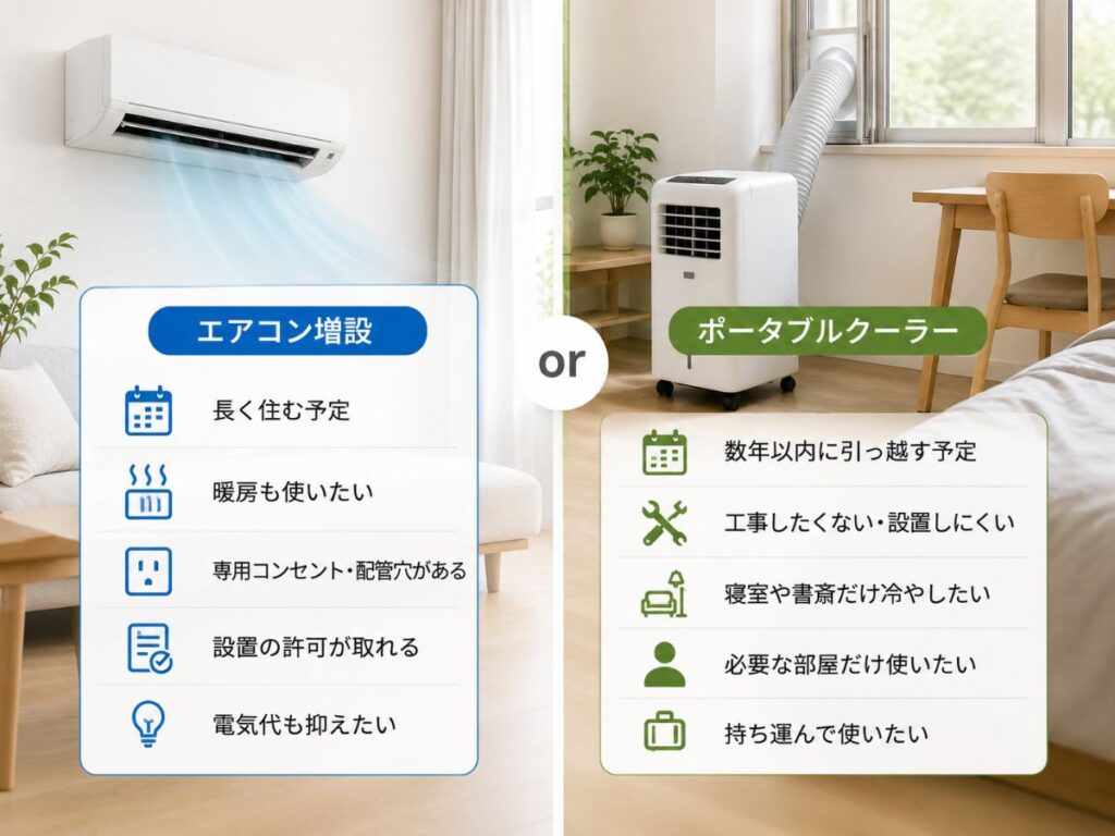 エアコン増設とポータブルクーラーのメリットを比較した図