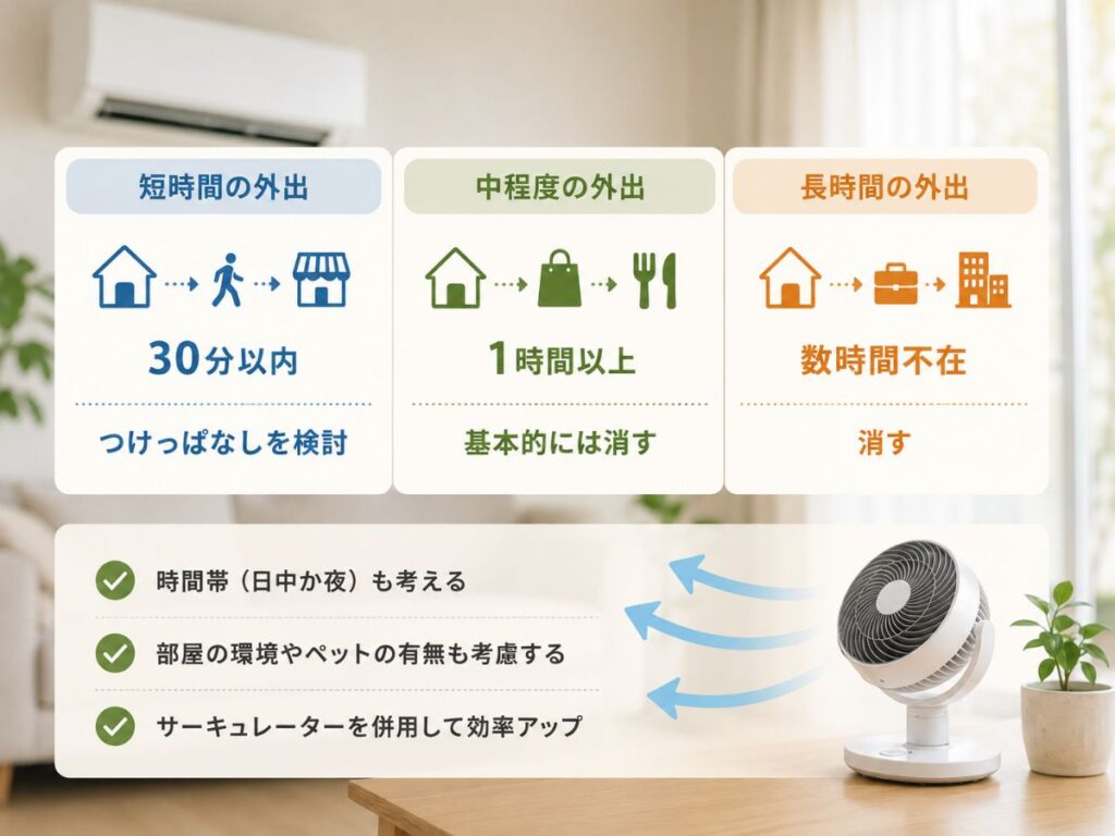 エアコンをつけっぱなしにするか消すかの外出時間別の目安をまとめた図