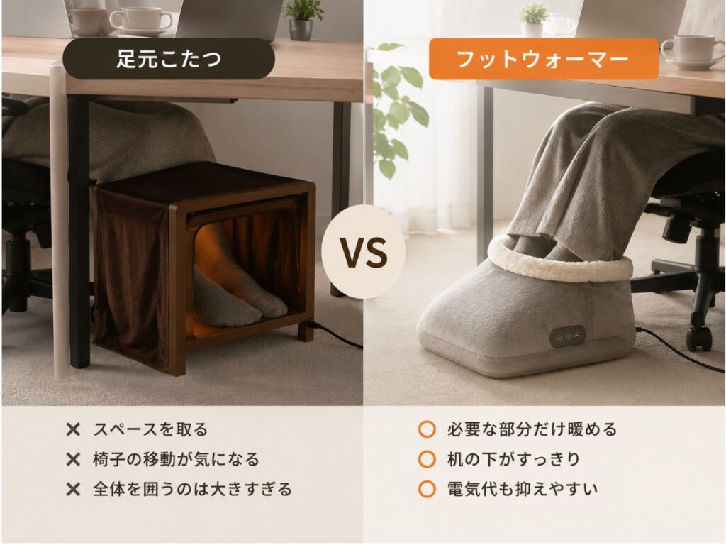 フットウォーマーと足元こたつの違いを比較