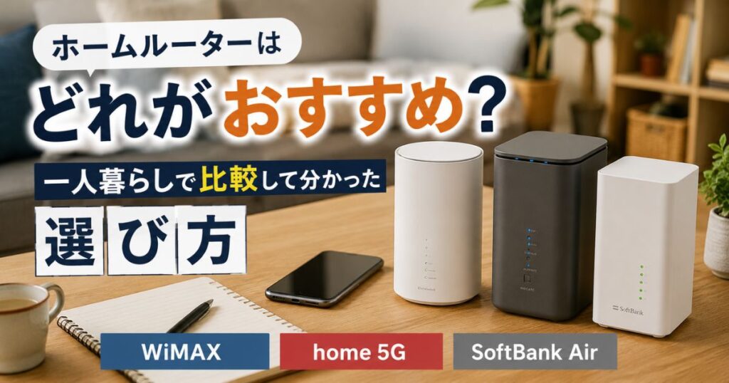 WiMAX・home 5G・SoftBank Airを比較し、一人暮らし向けのホームルーターの選び方を紹介するアイキャッチ画像