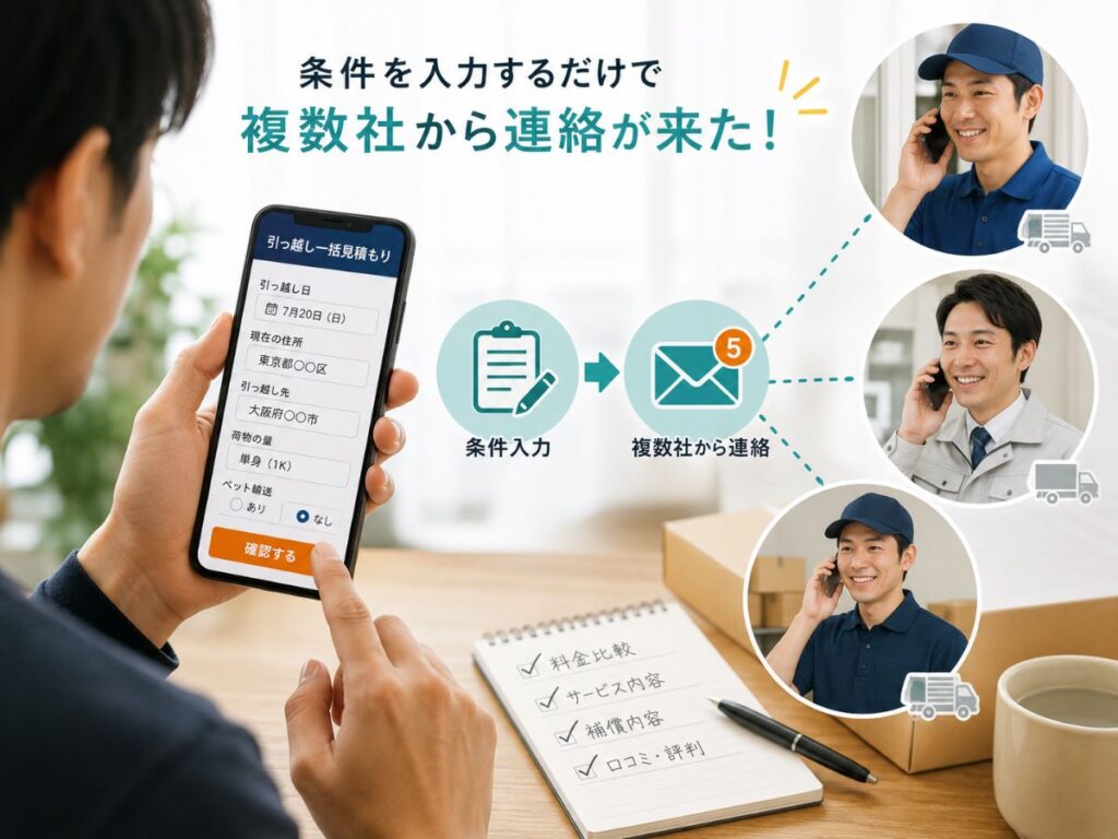 引っ越しの条件を入力すると複数の引っ越し会社から見積もり連絡が届くイメージ