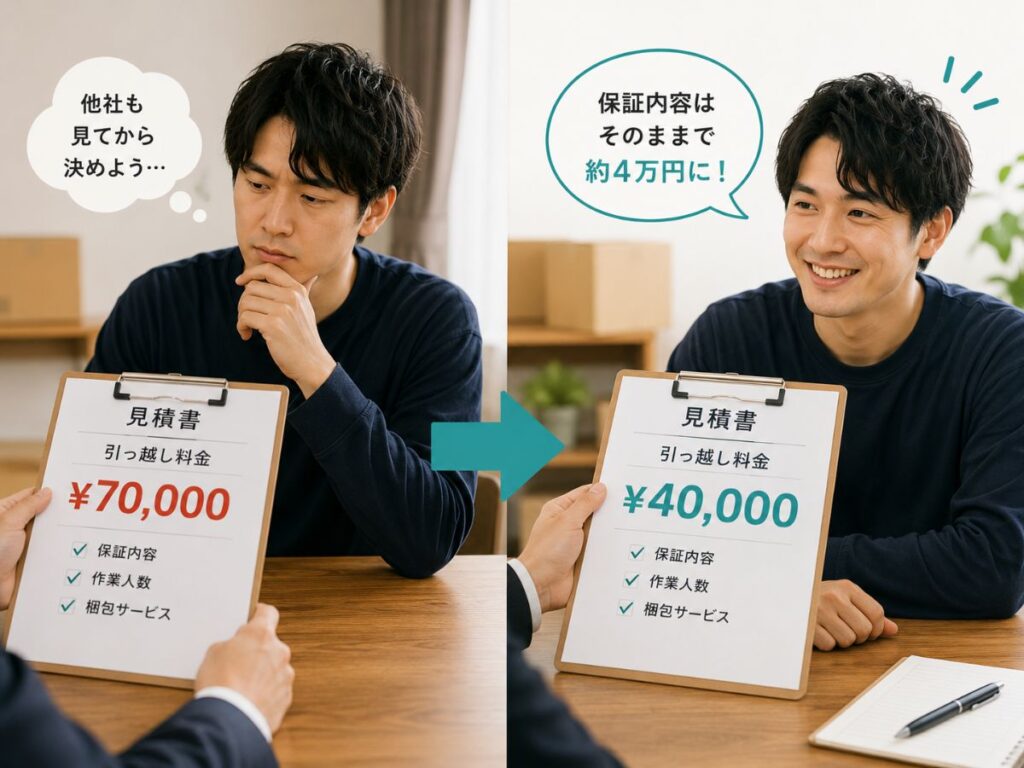 引っ越し料金を相見積もりで比較し7万円から4万円になったイメージ