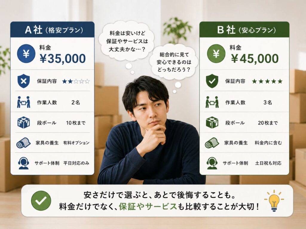 引っ越し会社を料金だけでなく保証内容やサービスも比較するイメージ