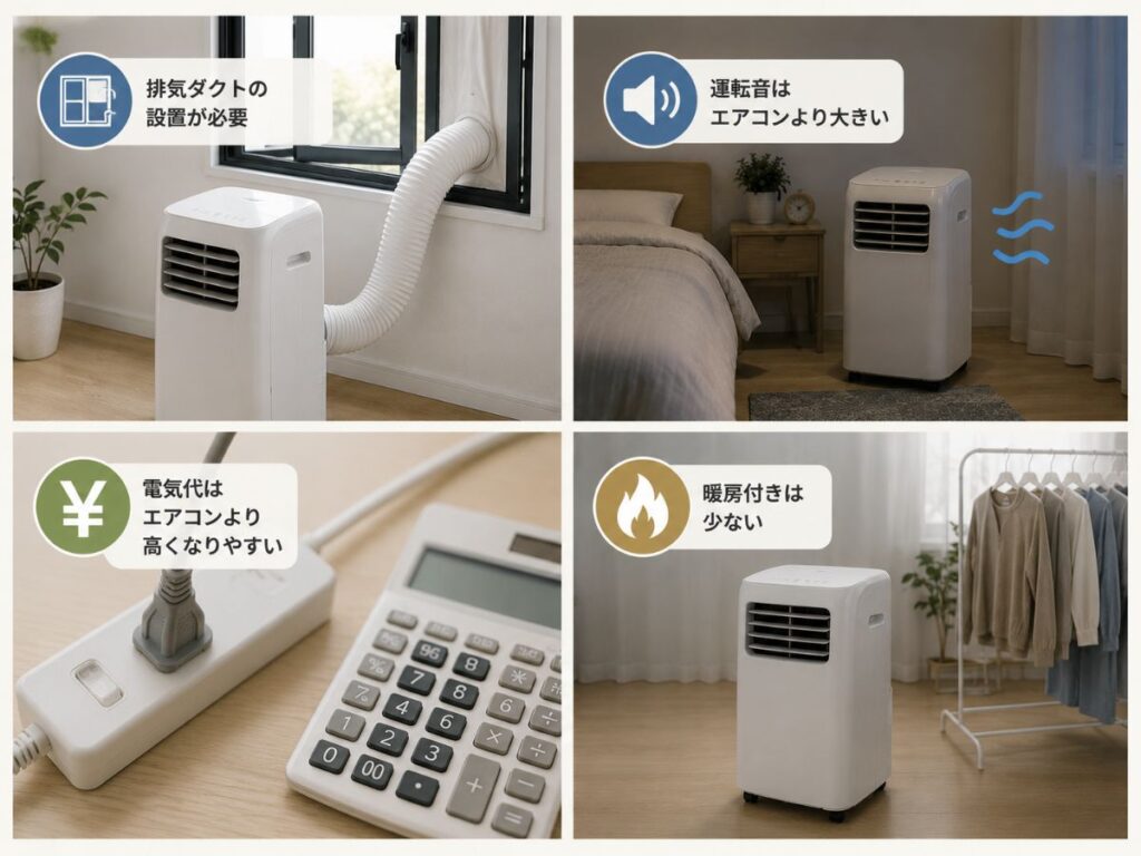 ポータブルクーラーのデメリット(排気ダクト・運転音・電気代・暖房機能)をまとめた図