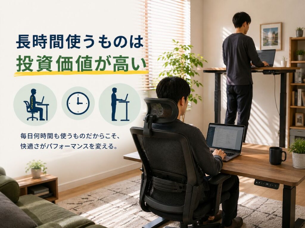 昇降デスクとオフィスチェアは長時間使うため投資価値が高いことを紹介する画像