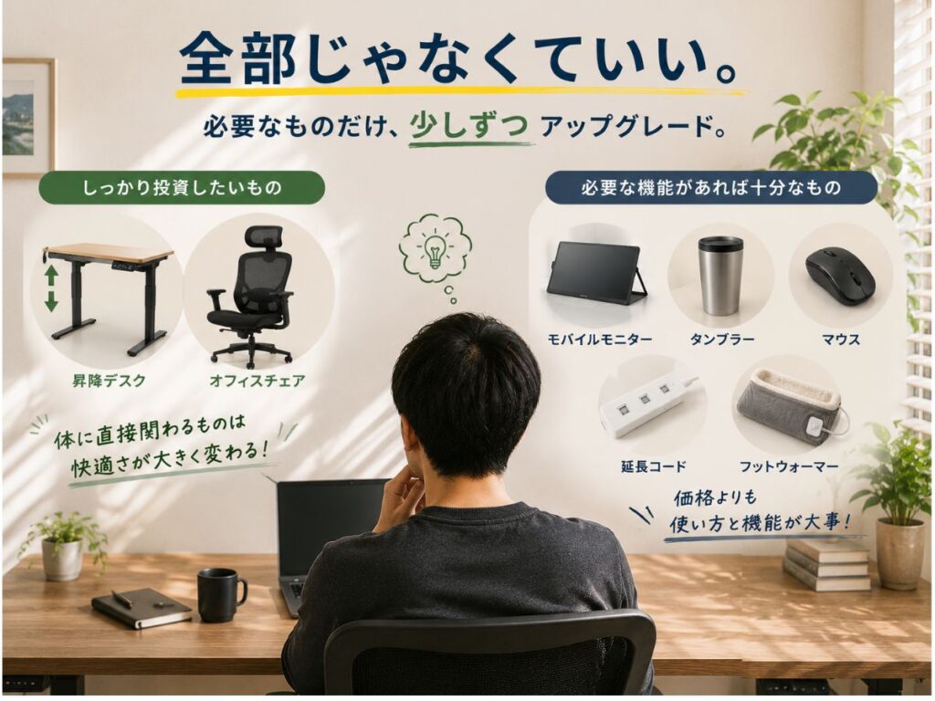在宅勤務で買い替えたいものとそのままで十分だったものを比較したイメージ画像
