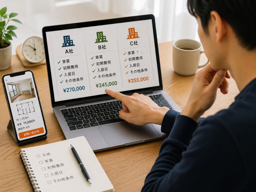 複数の不動産会社で賃貸の初期費用を比較しているイメージ