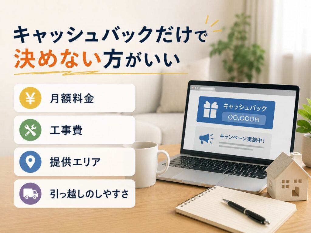 光回線はキャッシュバックだけでなく月額料金や工事費、提供エリア、引っ越しやすさも比較するイメージ