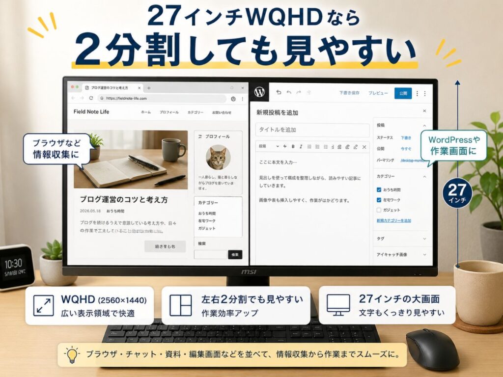 27インチWQHDモニターを左右2分割してブラウザとWordPressを並べて作業する画面