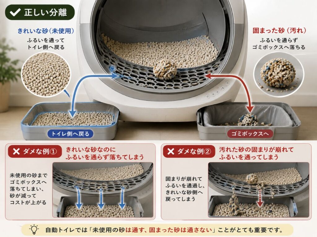 自動猫トイレで未使用の猫砂と固まった猫砂をふるいで分離する仕組み