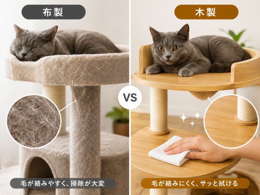 布製と木製キャットタワーの抜け毛と掃除のしやすさを比較