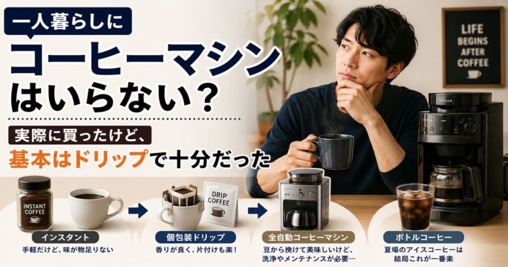 一人暮らしでインスタント・個包装ドリップ・全自動コーヒーマシン・ボトルコーヒーを比較