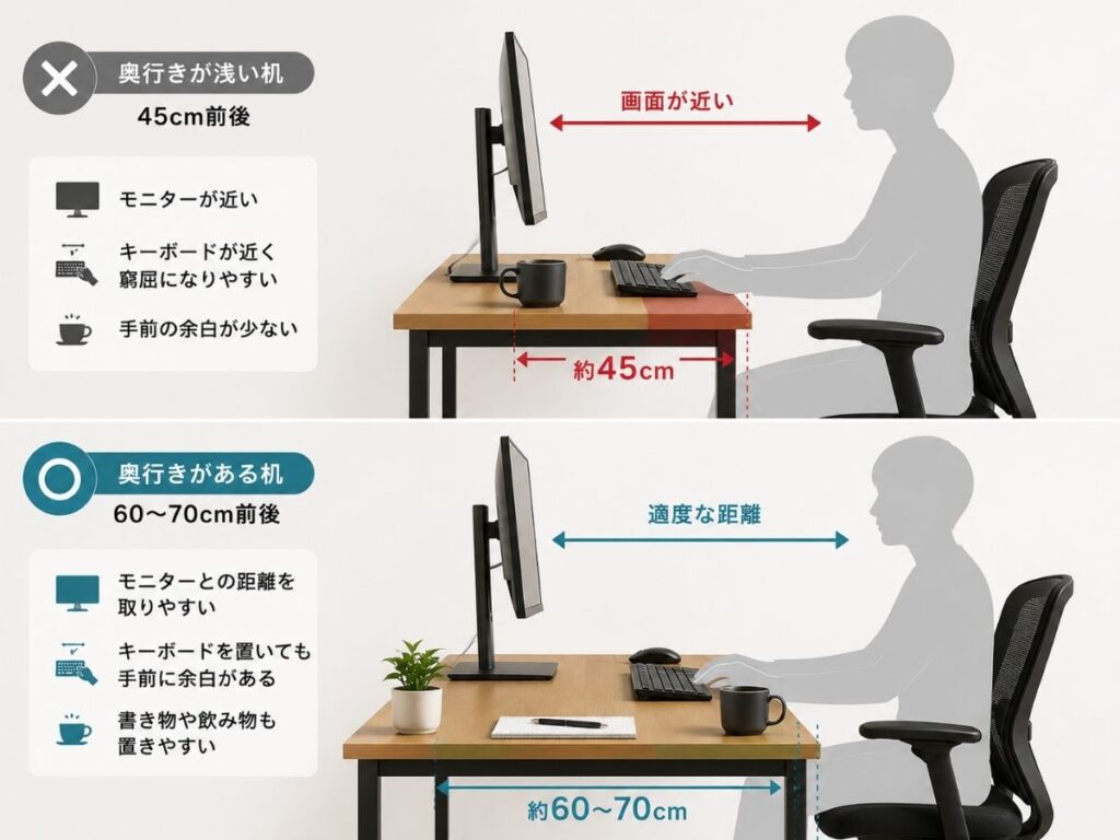 奥行き45cm前後と60〜70cm前後のデスクを比較した図