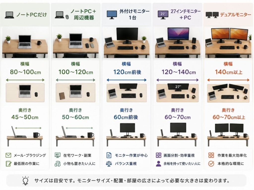 ノートPCや外付けモニターなど用途別のデスクサイズ目安