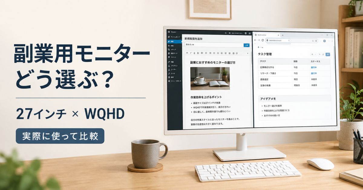 副業用デスクトップモニターとして27インチWQHDを使い、画面を分割して作業している様子