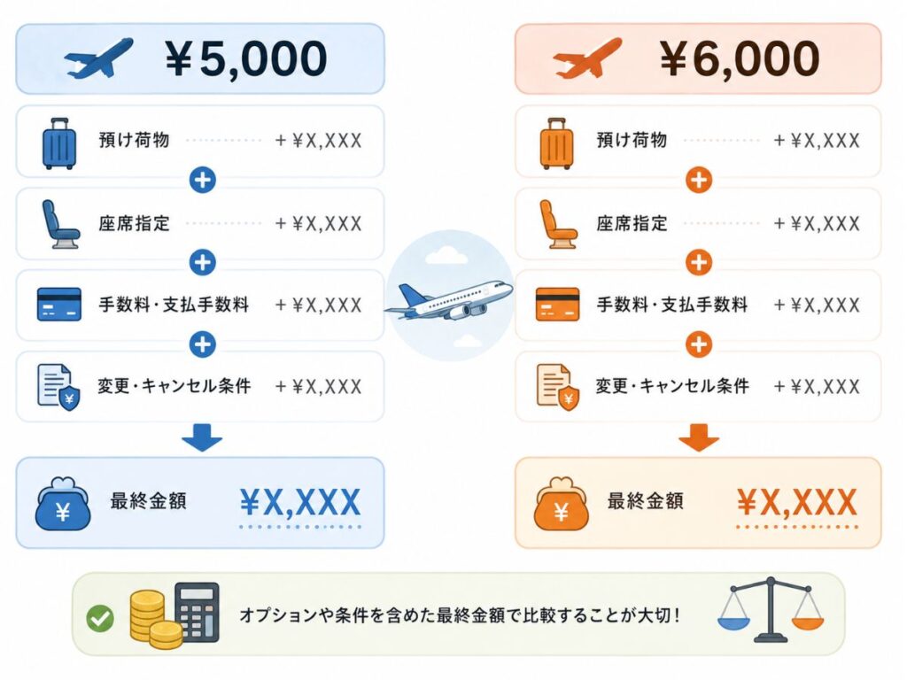 国内航空券を預け荷物・座席指定・手数料・変更条件まで含めた最終金額で比較