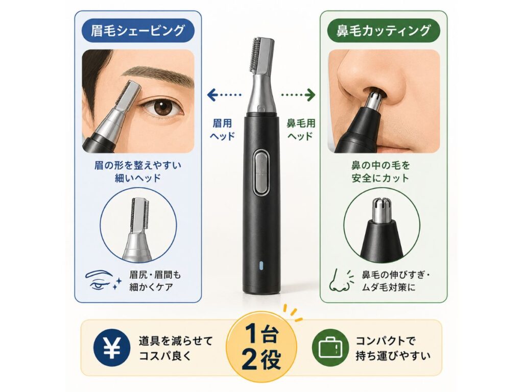 眉毛シェービングと鼻毛カットを1台で使い分ける眉毛シェーバー兼鼻毛カッター