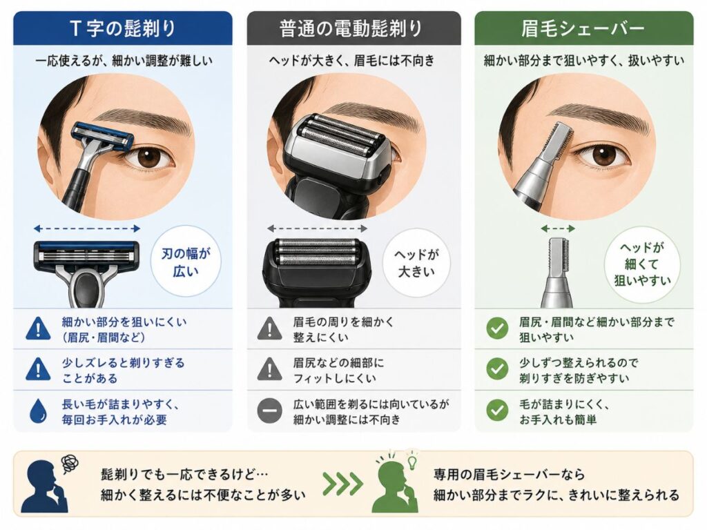 T字髭剃り・普通の電動髭剃り・眉毛シェーバーの使いやすさを比較