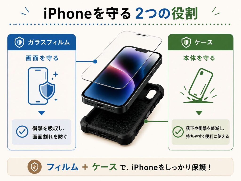 iPhoneを守るガラスフィルムとケース、それぞれの役割を比較した図