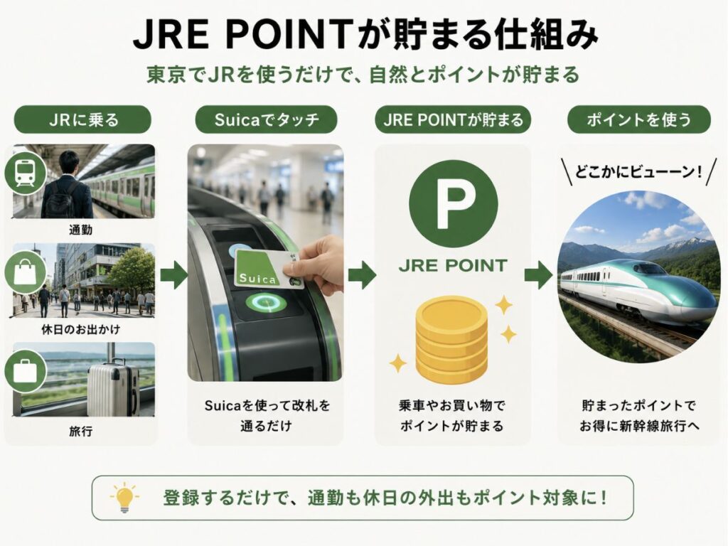 JRE POINTにSuicaを登録すると通勤や休日の外出でポイントが貯まる仕組み